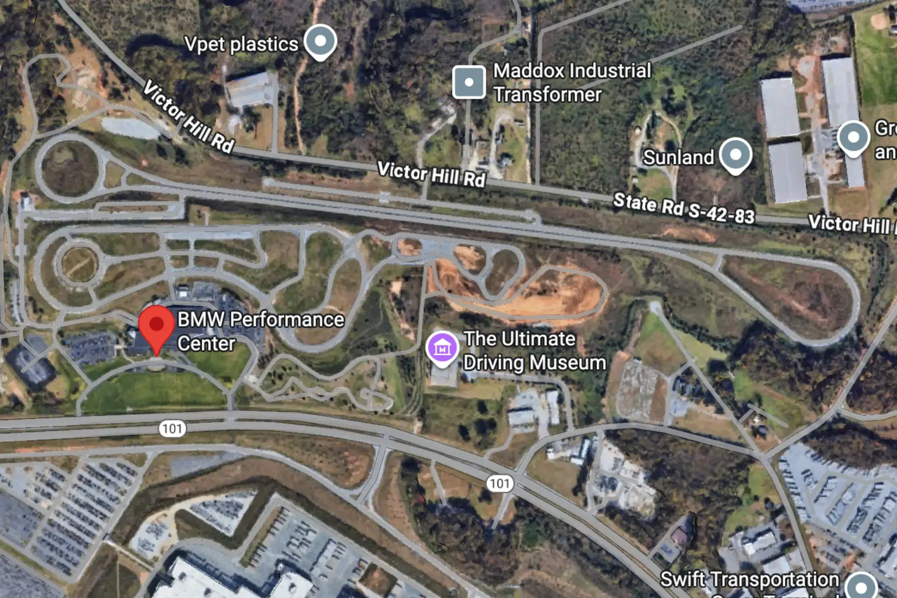 Satellite map showing the location of the BMW Performance Center in South Carolina